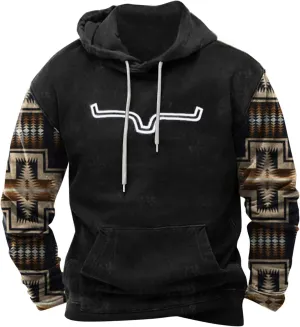 Mens Aztec Hoodie Western Hooded Sweatshirt Casual Vintage Long Sleeve Drawstring Cowboy Pullover with Pocket