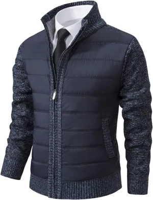 Men's Cardigan Sweaters Qiulted Puffer Jacket Casual Slim Fit Full Zip Sweaters Knitted Cardigan Jackets with Pockets