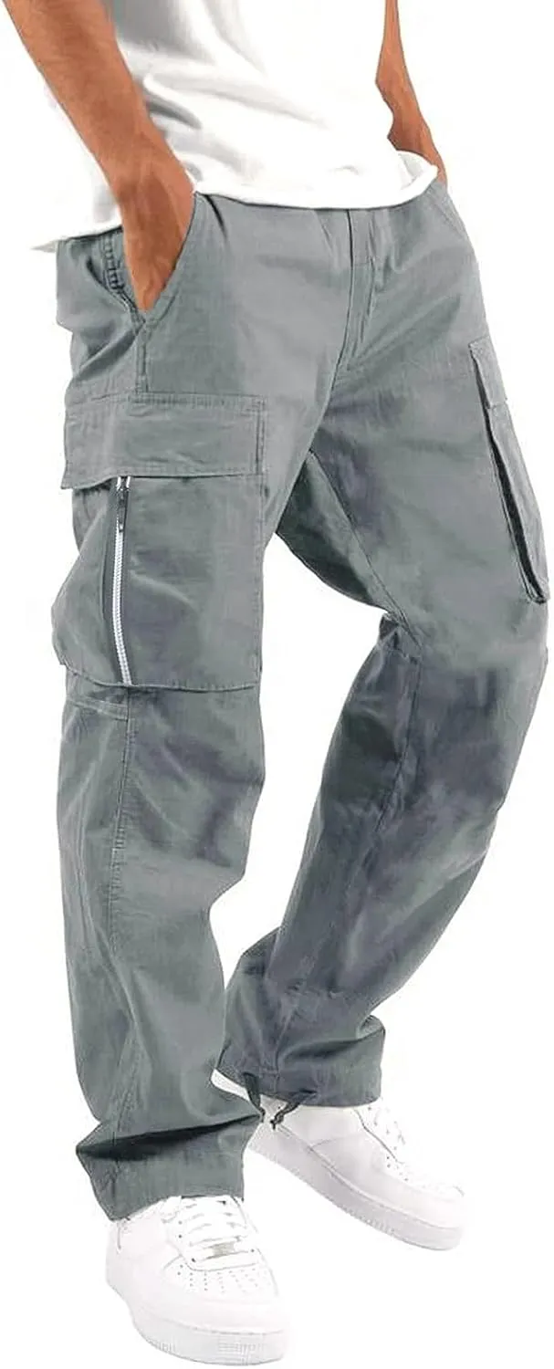Mens Cargo Pants Casual Relaxed Fit Joggers Athletic Pants Cotton Loose Workout Straight Sweatpants Lightweight