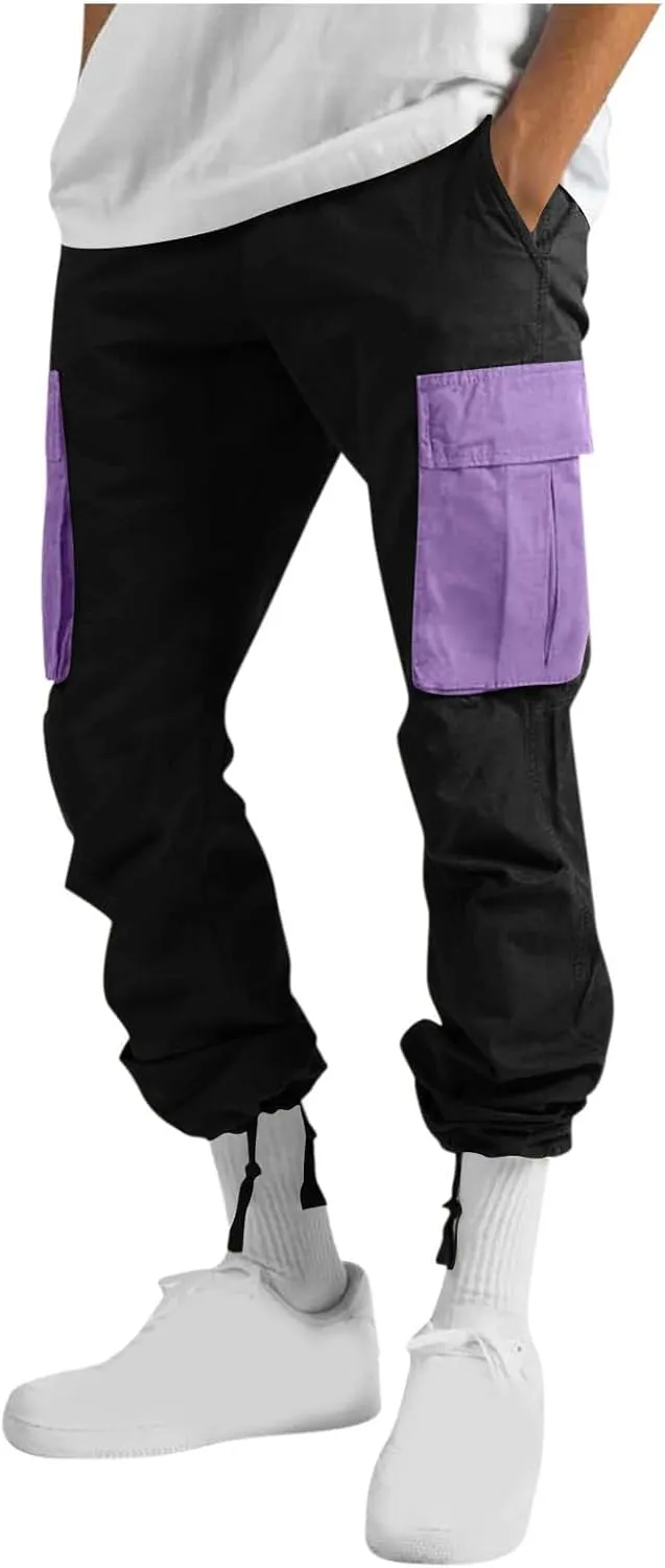 Mens Cargo Pants Elastic Waist Drawstring Joggers Cotton Athletic Pants Casual Hiking Pants Lightweight Sweatpants