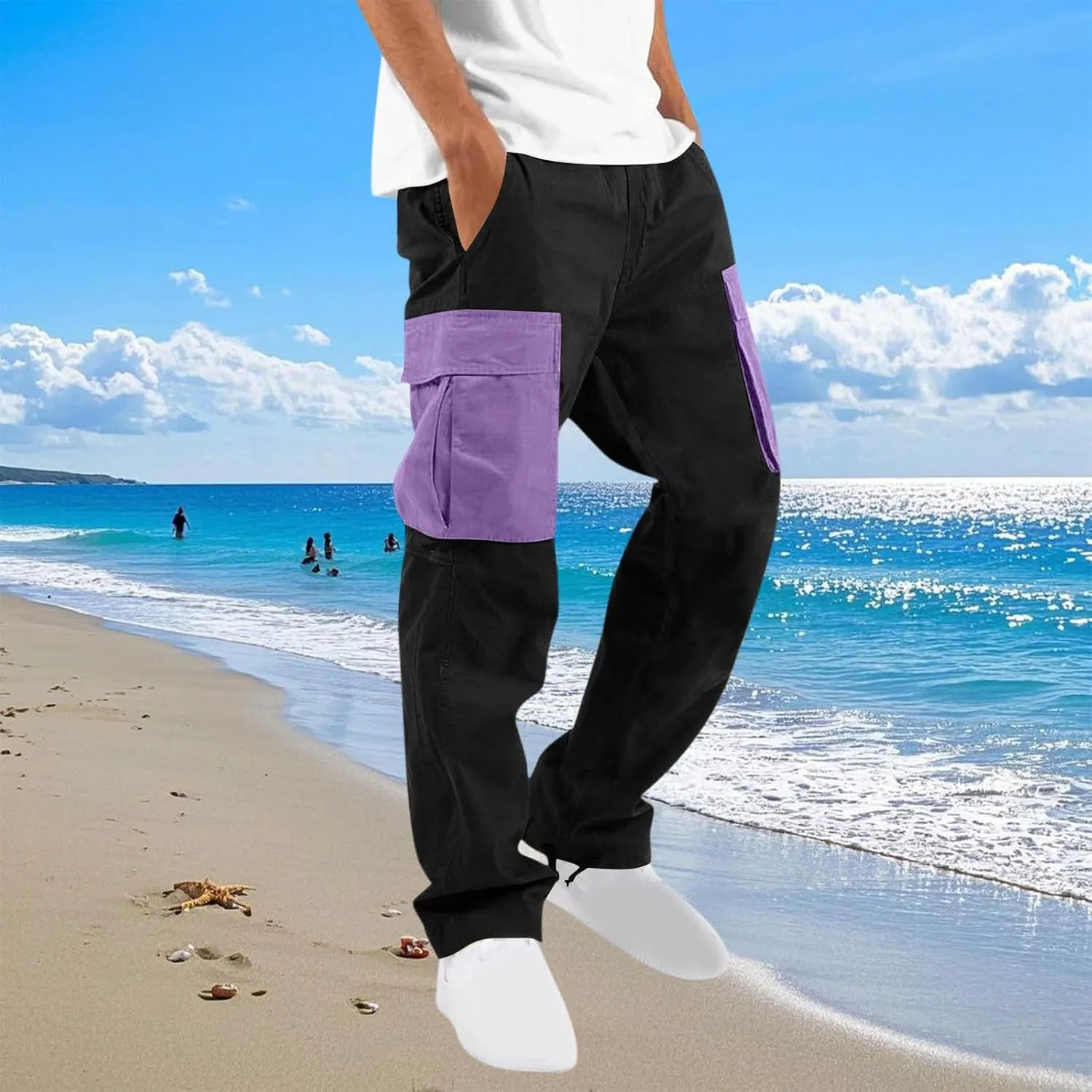 Mens Cargo Pants Elastic Waist Drawstring Joggers Cotton Athletic Pants Casual Hiking Pants Lightweight Sweatpants