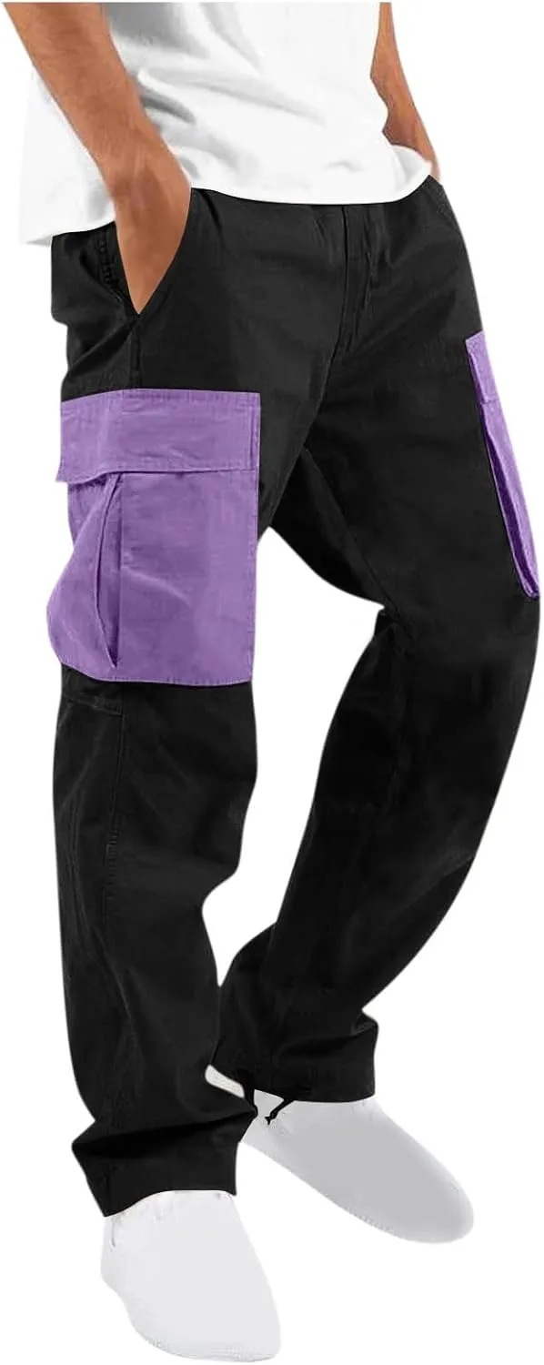 Mens Cargo Pants Elastic Waist Drawstring Joggers Cotton Athletic Pants Casual Hiking Pants Lightweight Sweatpants