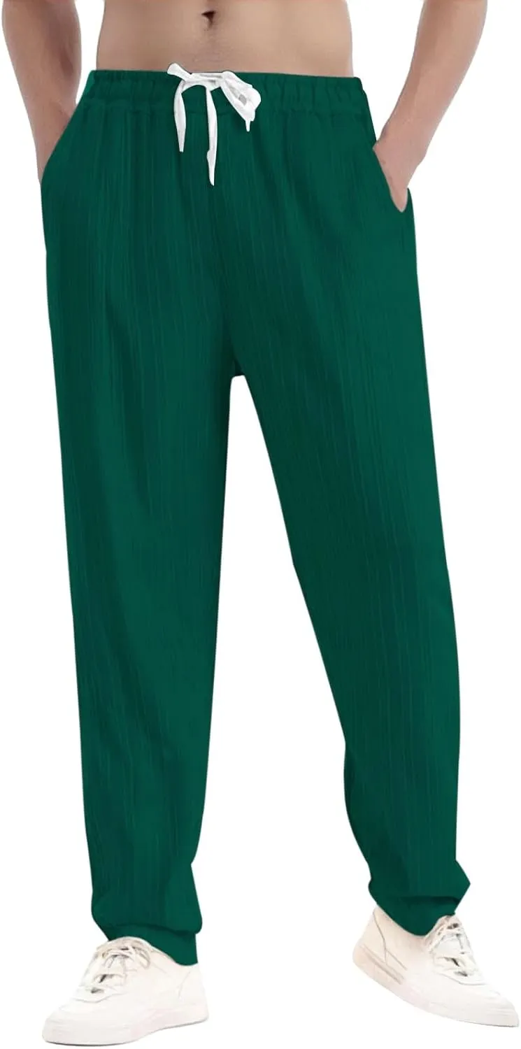 Men's Casual Cotton Linen Pants 2025 Trendy Summer Beach Lightweight Drawstring Yoga Trousers with Pockets