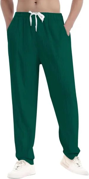 Men's Casual Cotton Linen Pants 2025 Trendy Summer Beach Lightweight Drawstring Yoga Trousers with Pockets