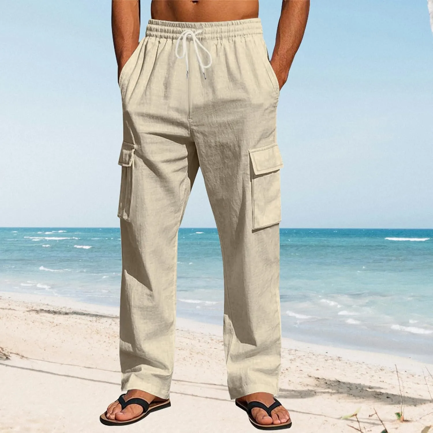 Men's Casual Linen Pants Drawstring Joggers Sweatpants Solid Loose Straight Sweatpants Relaxed Fit Comfy Trousers