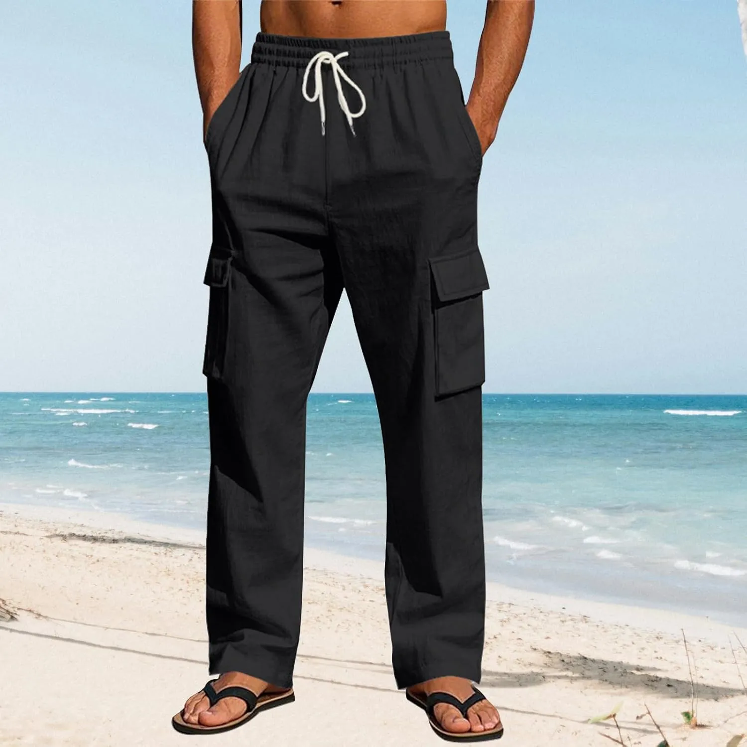 Men's Casual Linen Pants Drawstring Joggers Sweatpants Solid Loose Straight Sweatpants Relaxed Fit Comfy Trousers