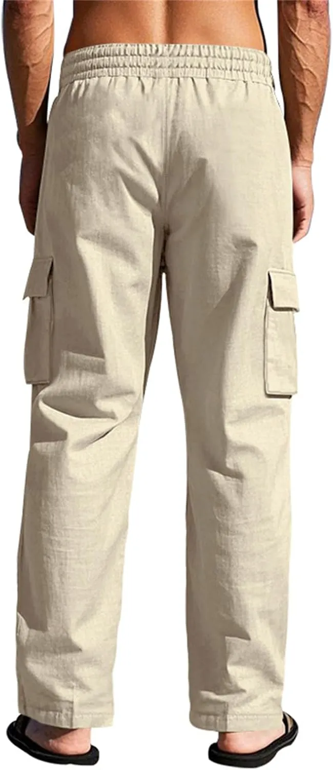 Men's Casual Linen Pants Drawstring Joggers Sweatpants Solid Loose Straight Sweatpants Relaxed Fit Comfy Trousers