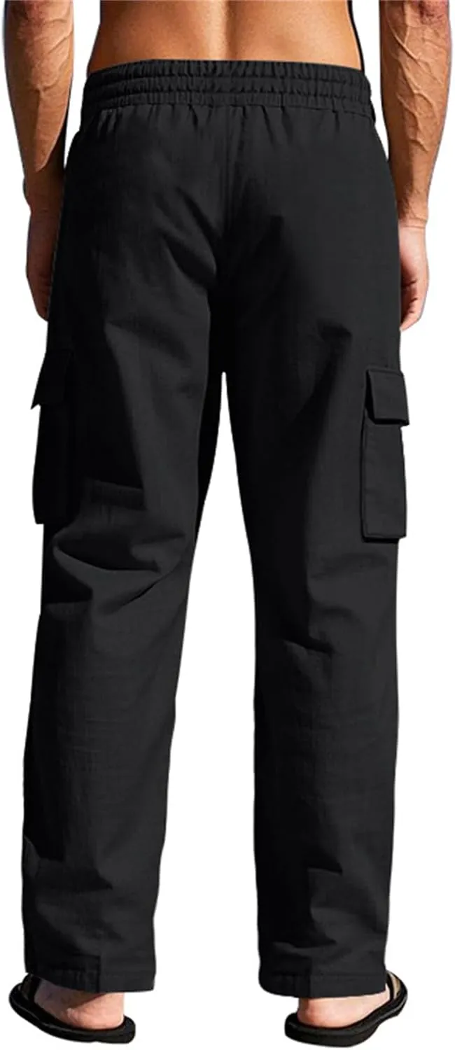 Men's Casual Linen Pants Drawstring Joggers Sweatpants Solid Loose Straight Sweatpants Relaxed Fit Comfy Trousers