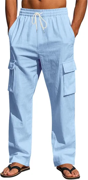 Men's Casual Linen Pants Drawstring Joggers Sweatpants Solid Loose Straight Sweatpants Relaxed Fit Comfy Trousers