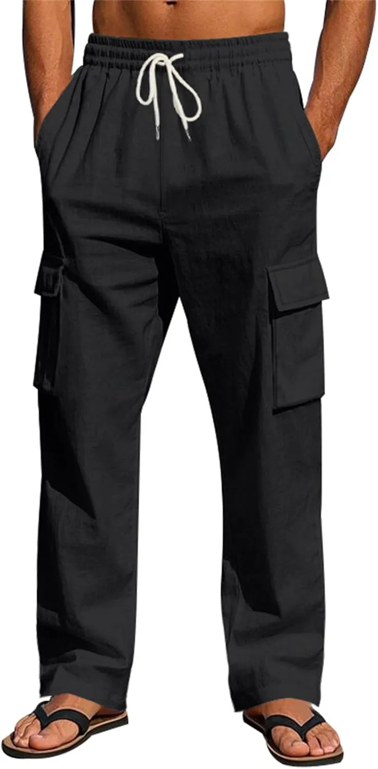 Men's Casual Linen Pants Drawstring Joggers Sweatpants Solid Loose Straight Sweatpants Relaxed Fit Comfy Trousers