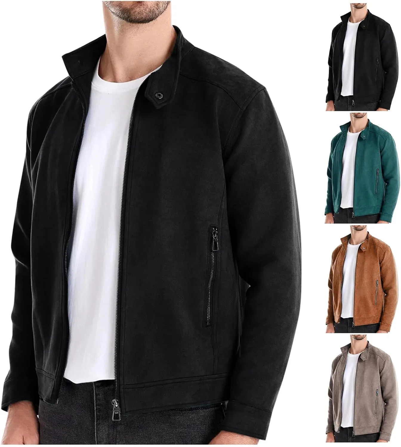 Men's Casual Suede Bomber Jacket Stand Collar Faux Leather Jacket Vintage Work Cargo Jackets Trucker Coats for Men