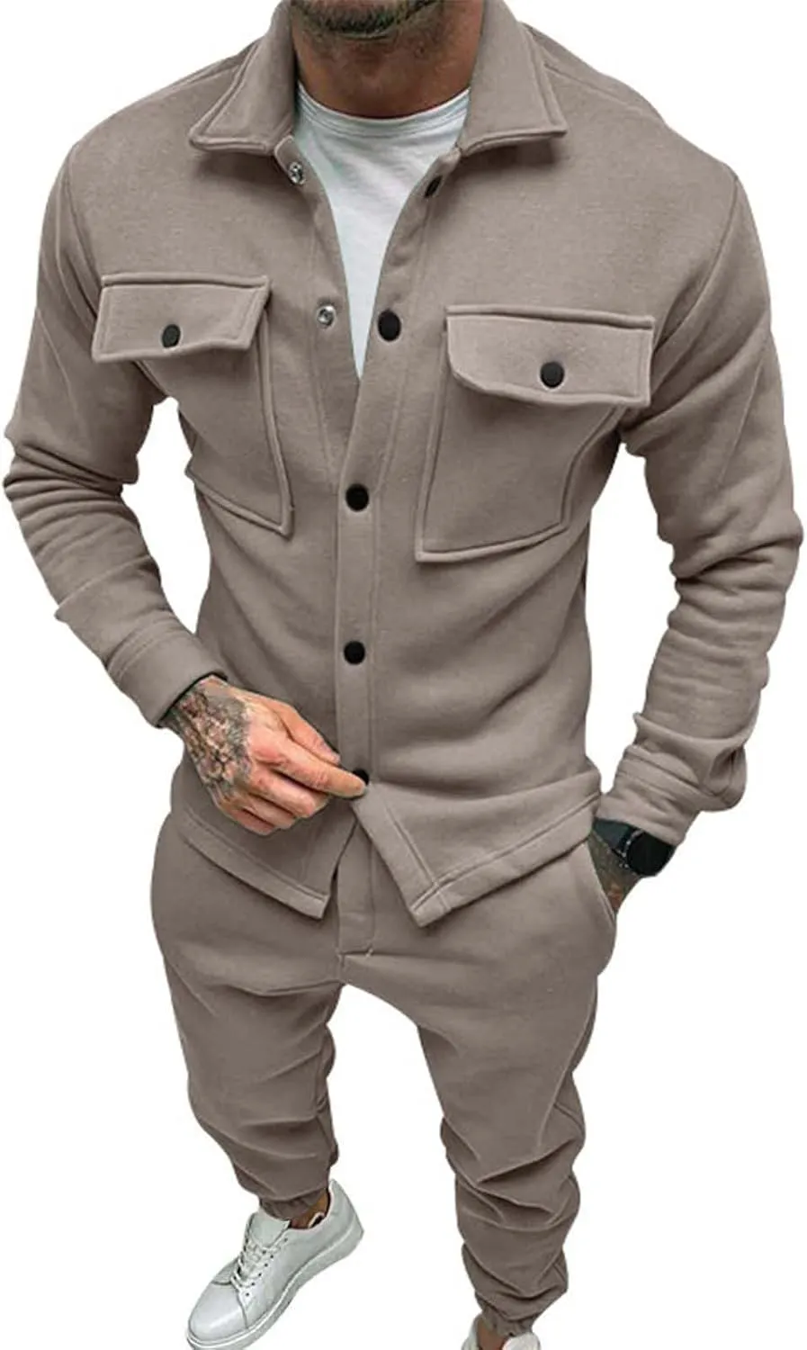 Men's Casual Tracksuit Athletic Sweatsuits Suit Roll Sleeve Shirt Pants Set Men's Tracksuit Sweatsuits 2 Piece Set
