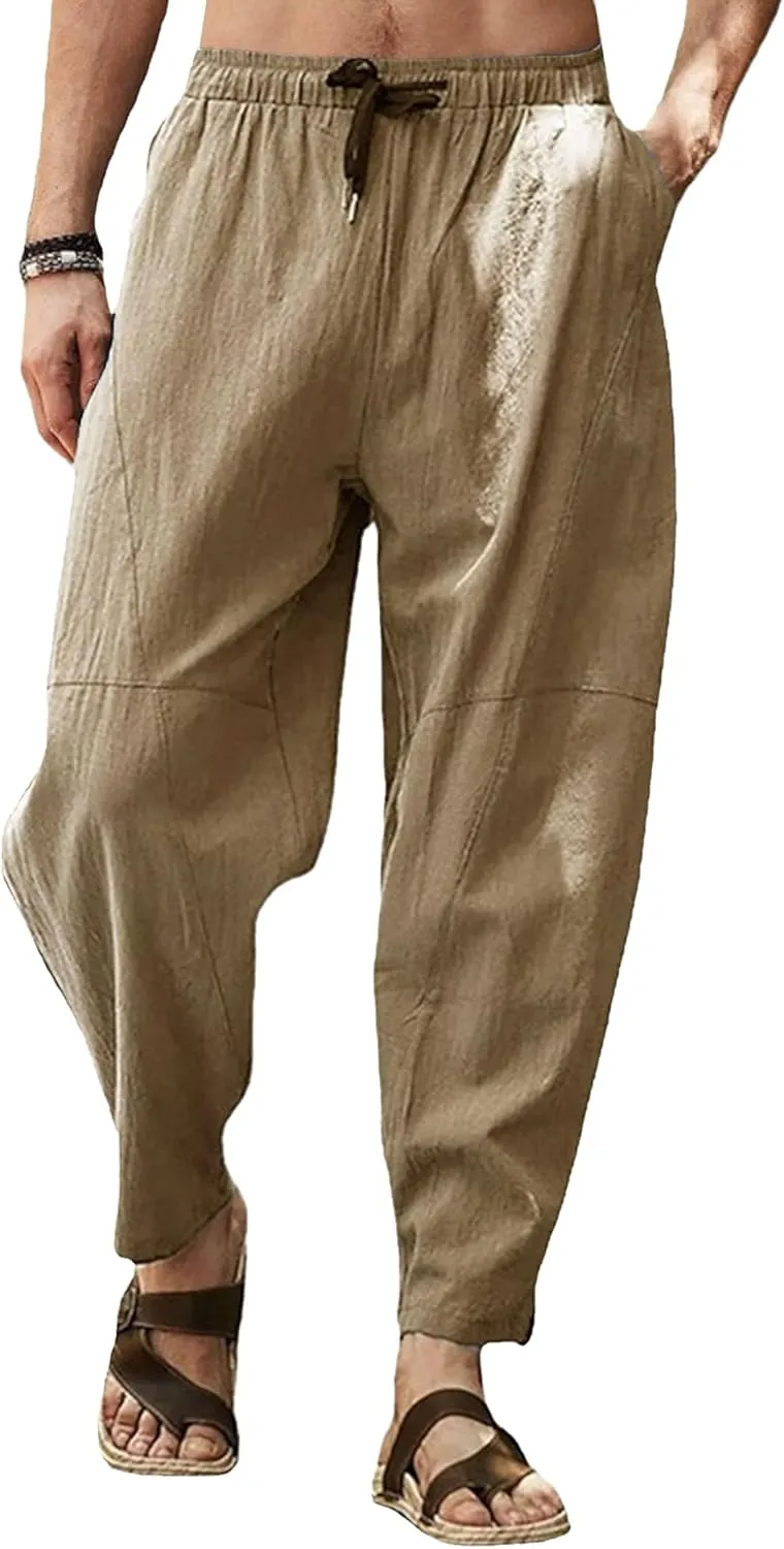 Men's Comfort Drawstring Joggers Outdoor Pants Cotton Linen Sweatpants Pants Baggy Elastic Waist Solid Trousers