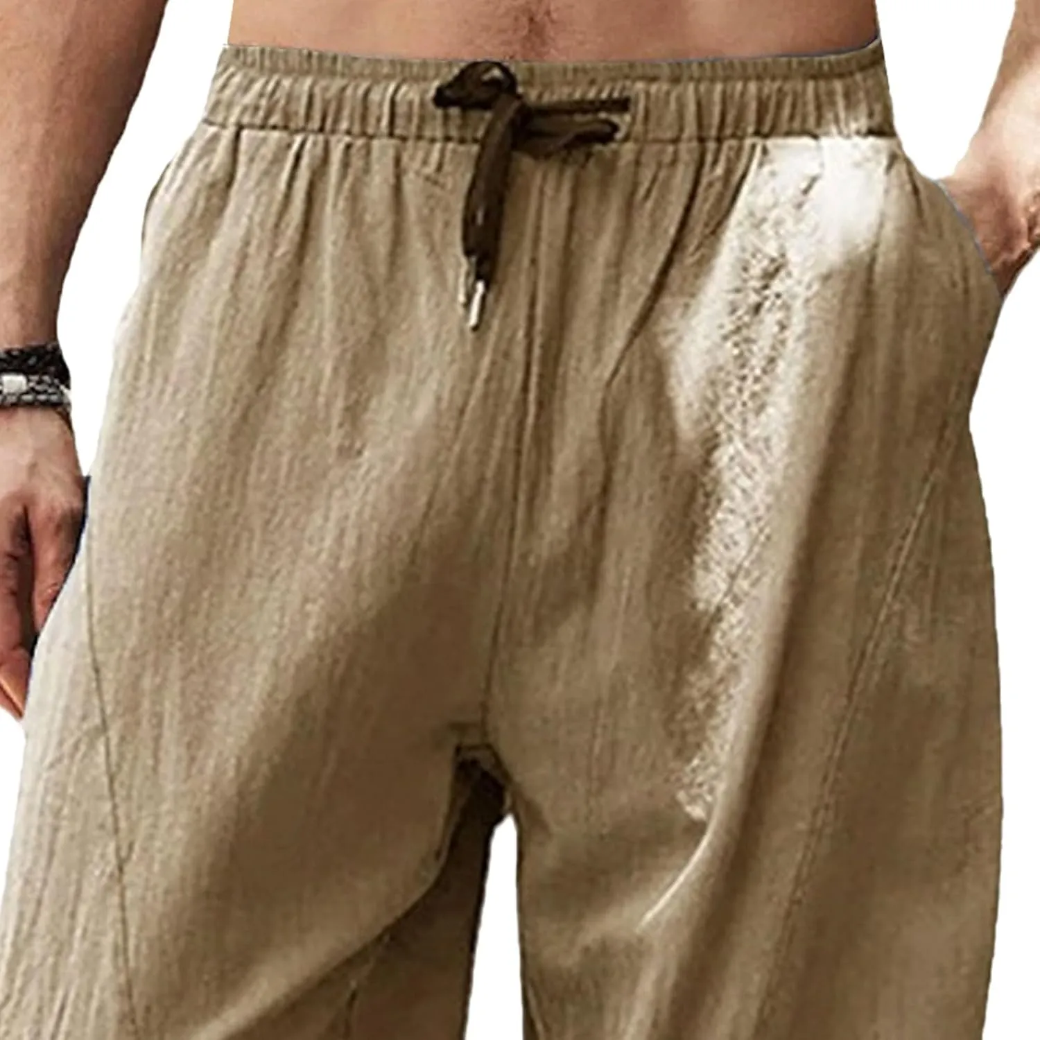 Men's Comfort Drawstring Joggers Outdoor Pants Cotton Linen Sweatpants Pants Baggy Elastic Waist Solid Trousers