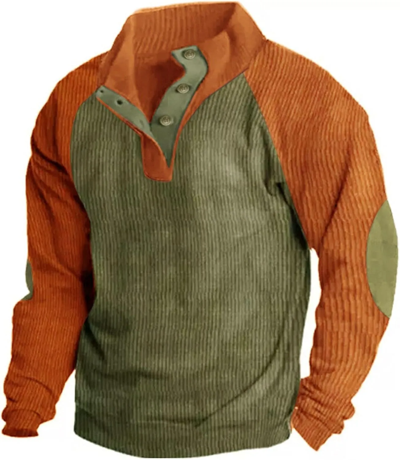 Men's Corduroy Sweatshirt Casual Long Sleeve Stand Collar Button Pullover Sweatshirts Lightweight Big and Tall Hoodie