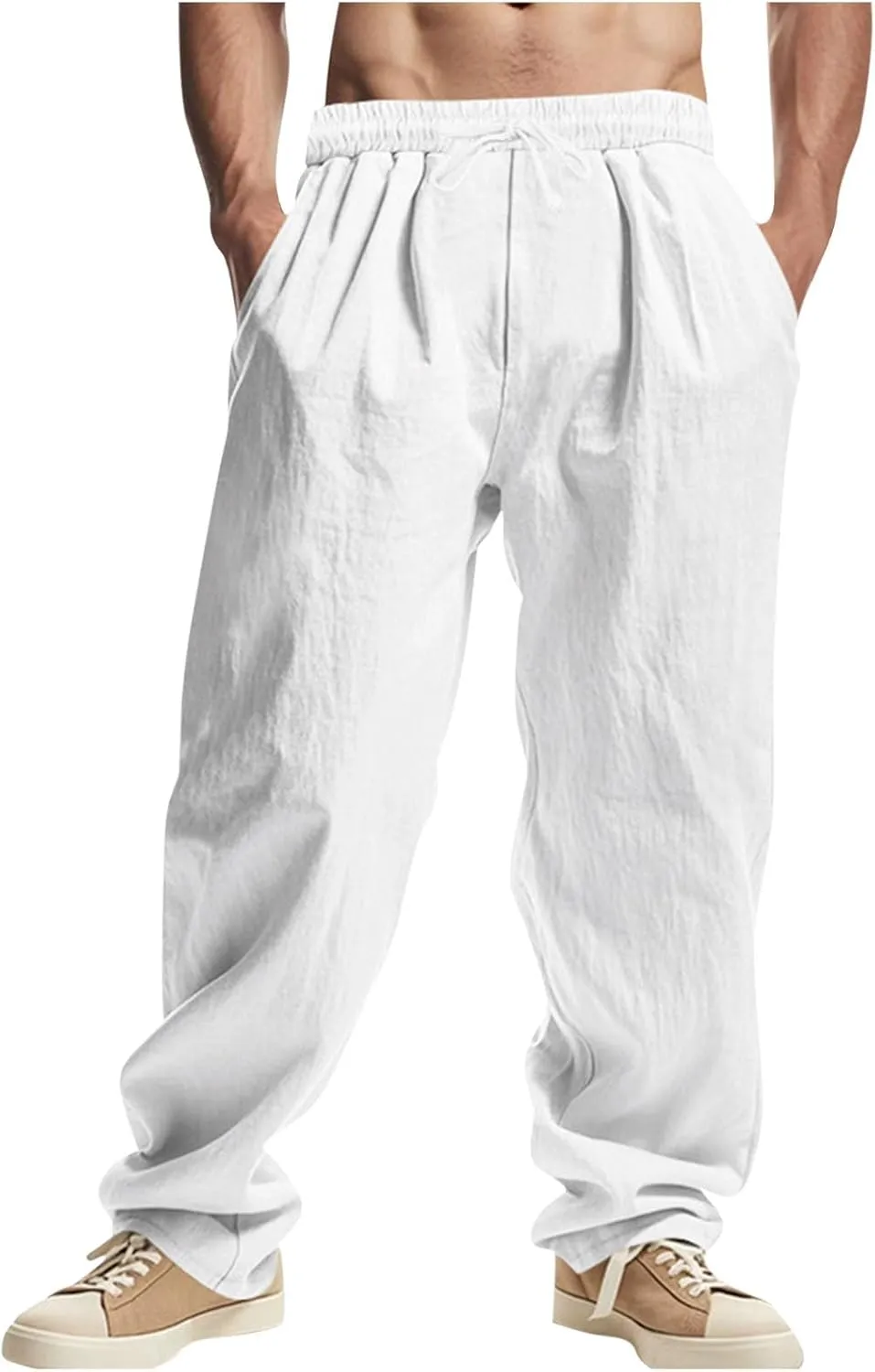 Mens Cotton Linen Pants with Pockets Wide Leg Drawstring Elastic Waist Cargo Pants Summer Beach Trousers