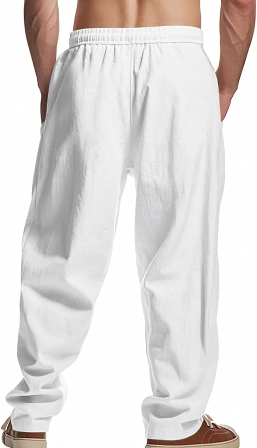 Mens Cotton Linen Pants with Pockets Wide Leg Drawstring Elastic Waist Cargo Pants Summer Beach Trousers