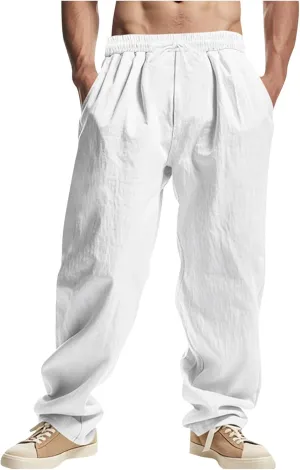 Mens Cotton Linen Pants with Pockets Wide Leg Drawstring Elastic Waist Cargo Pants Summer Beach Trousers