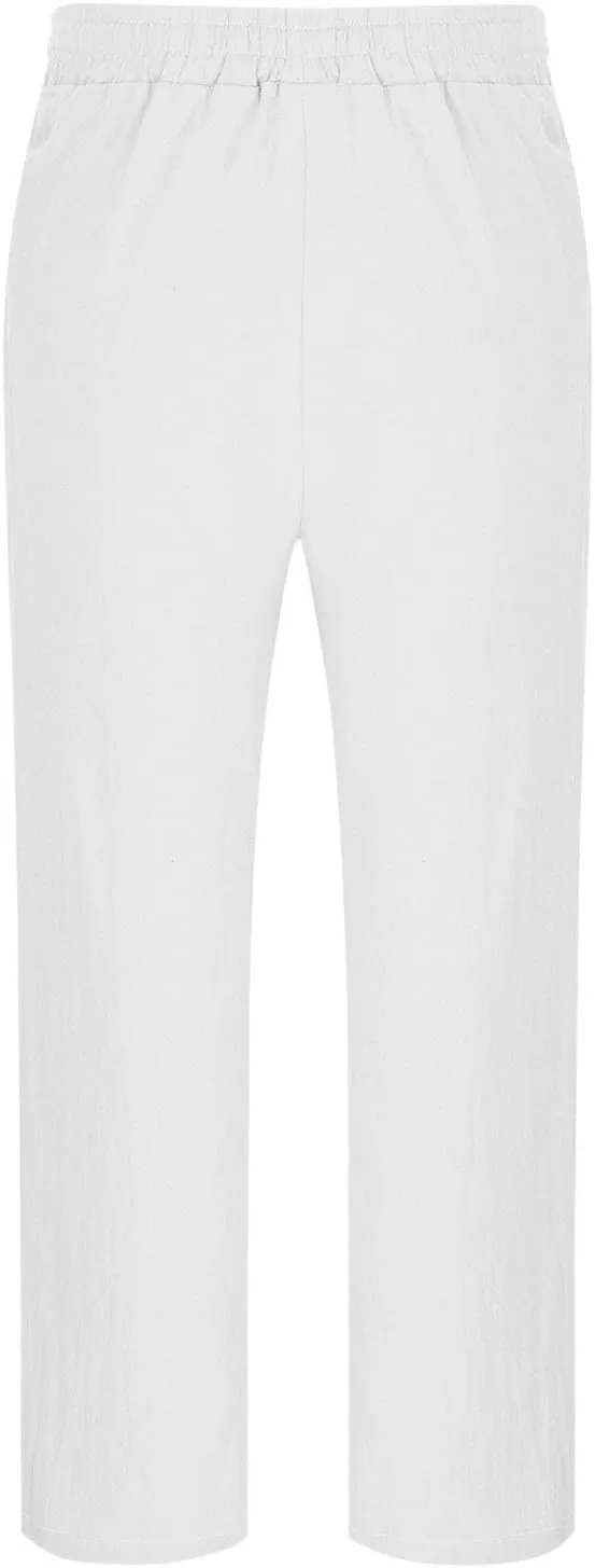 Mens Cotton Linen Pants with Pockets Wide Leg Drawstring Elastic Waist Cargo Pants Summer Beach Trousers