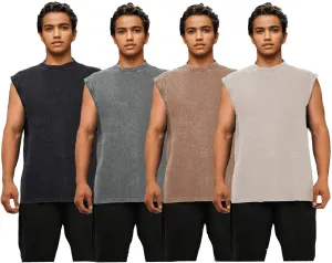 Men's Cotton Muscle Tank Tops Wash Solid Vintage Sleeveless T Shirts Crew Neck Gym Tank Shirts