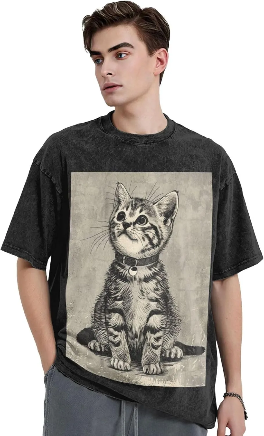 Men's Cotton T-Shirts Art Style Cat Short Sleeve Vintage T Shirts Casual Loose Fit Retro Tees Tops