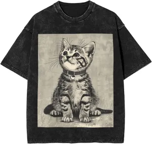 Men's Cotton T-Shirts Art Style Cat Short Sleeve Vintage T Shirts Casual Loose Fit Retro Tees Tops