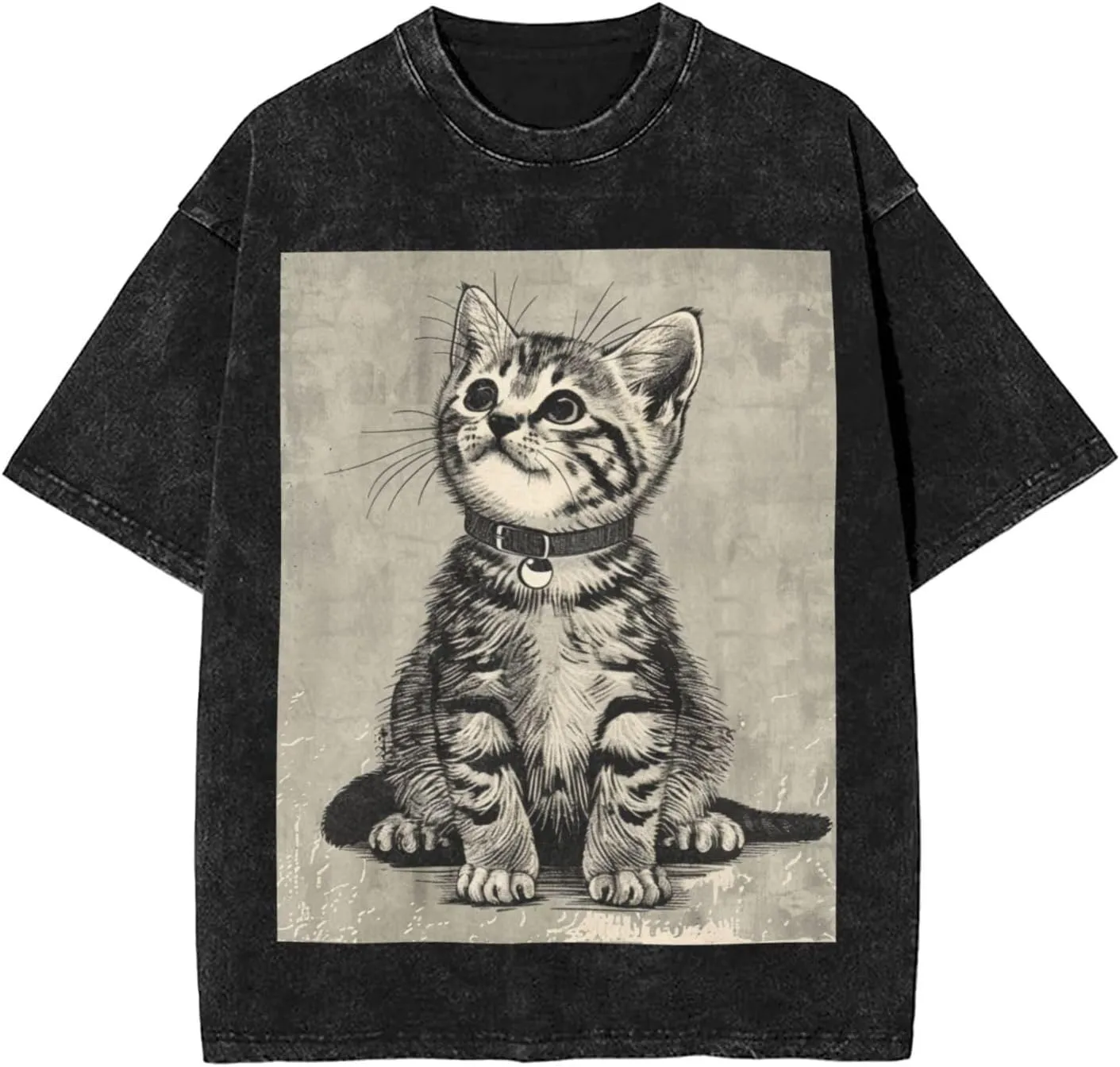 Men's Cotton T-Shirts Art Style Cat Short Sleeve Vintage T Shirts Casual Loose Fit Retro Tees Tops