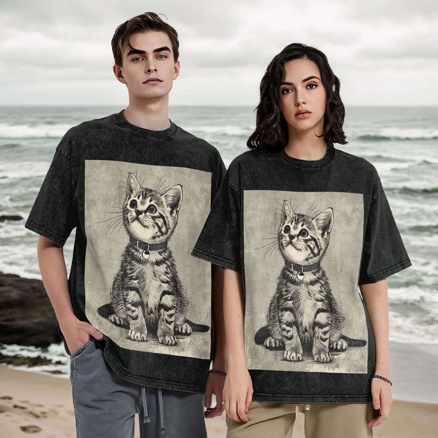 Men's Cotton T-Shirts Art Style Cat Short Sleeve Vintage T Shirts Casual Loose Fit Retro Tees Tops
