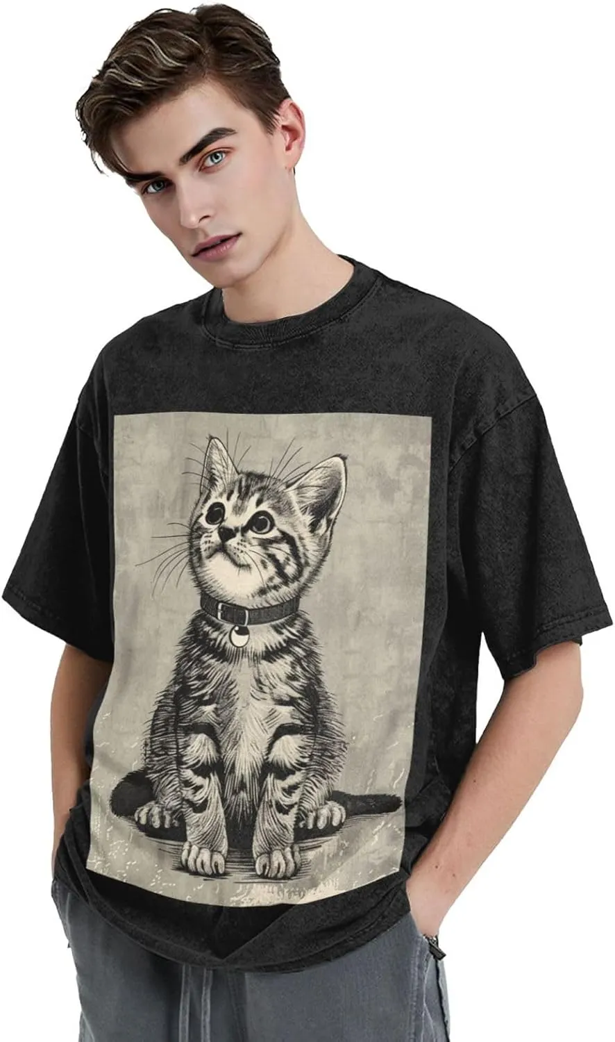 Men's Cotton T-Shirts Art Style Cat Short Sleeve Vintage T Shirts Casual Loose Fit Retro Tees Tops