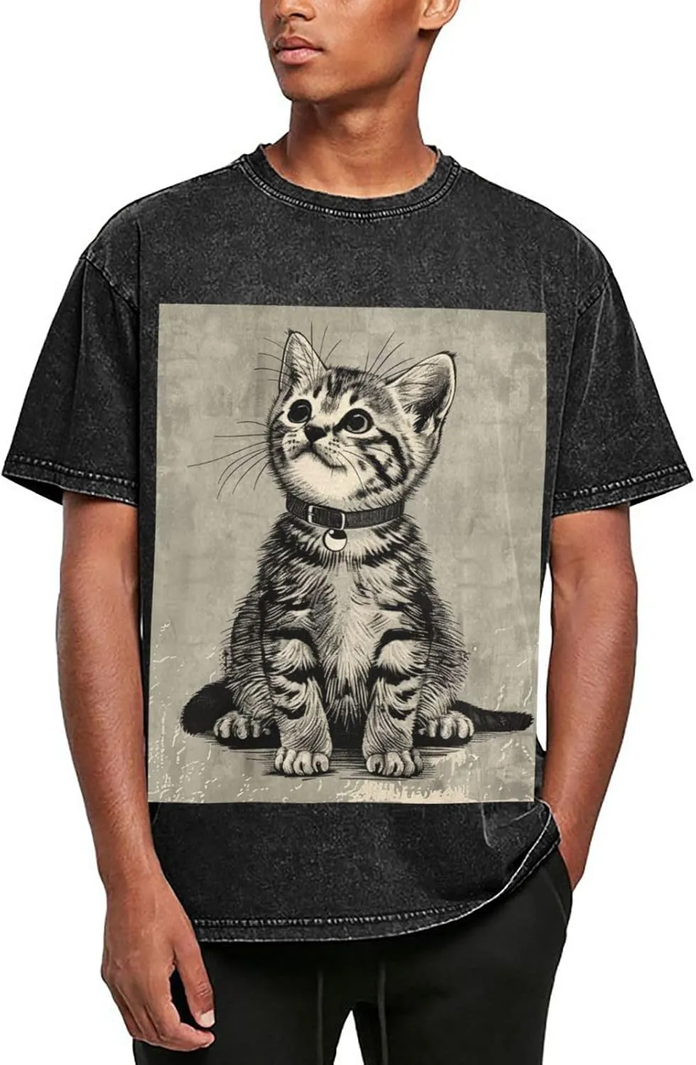 Men's Cotton T-Shirts Art Style Cat Short Sleeve Vintage T Shirts Casual Loose Fit Retro Tees Tops