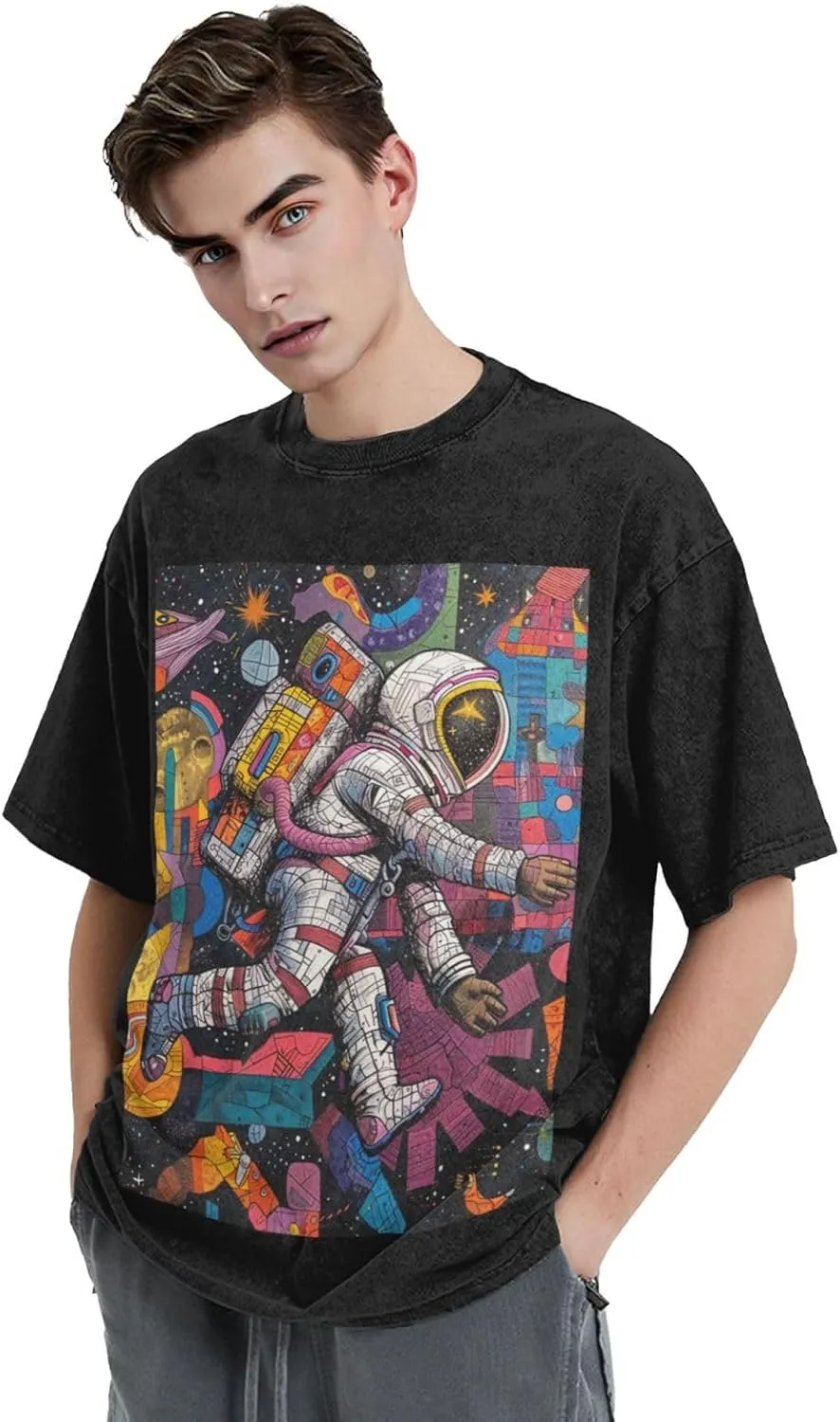 Men's Cotton T-Shirts Astronauts and Space Short Sleeve Vintage T Shirts Casual Loose Fit Retro Tees Tops