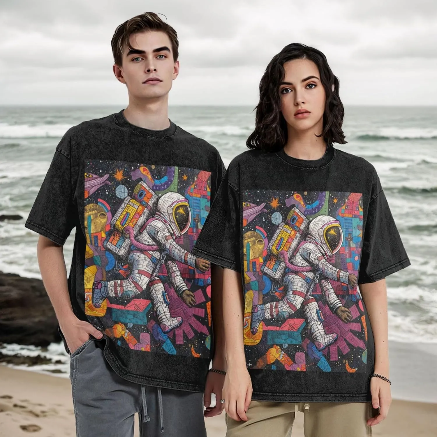 Men's Cotton T-Shirts Astronauts and Space Short Sleeve Vintage T Shirts Casual Loose Fit Retro Tees Tops