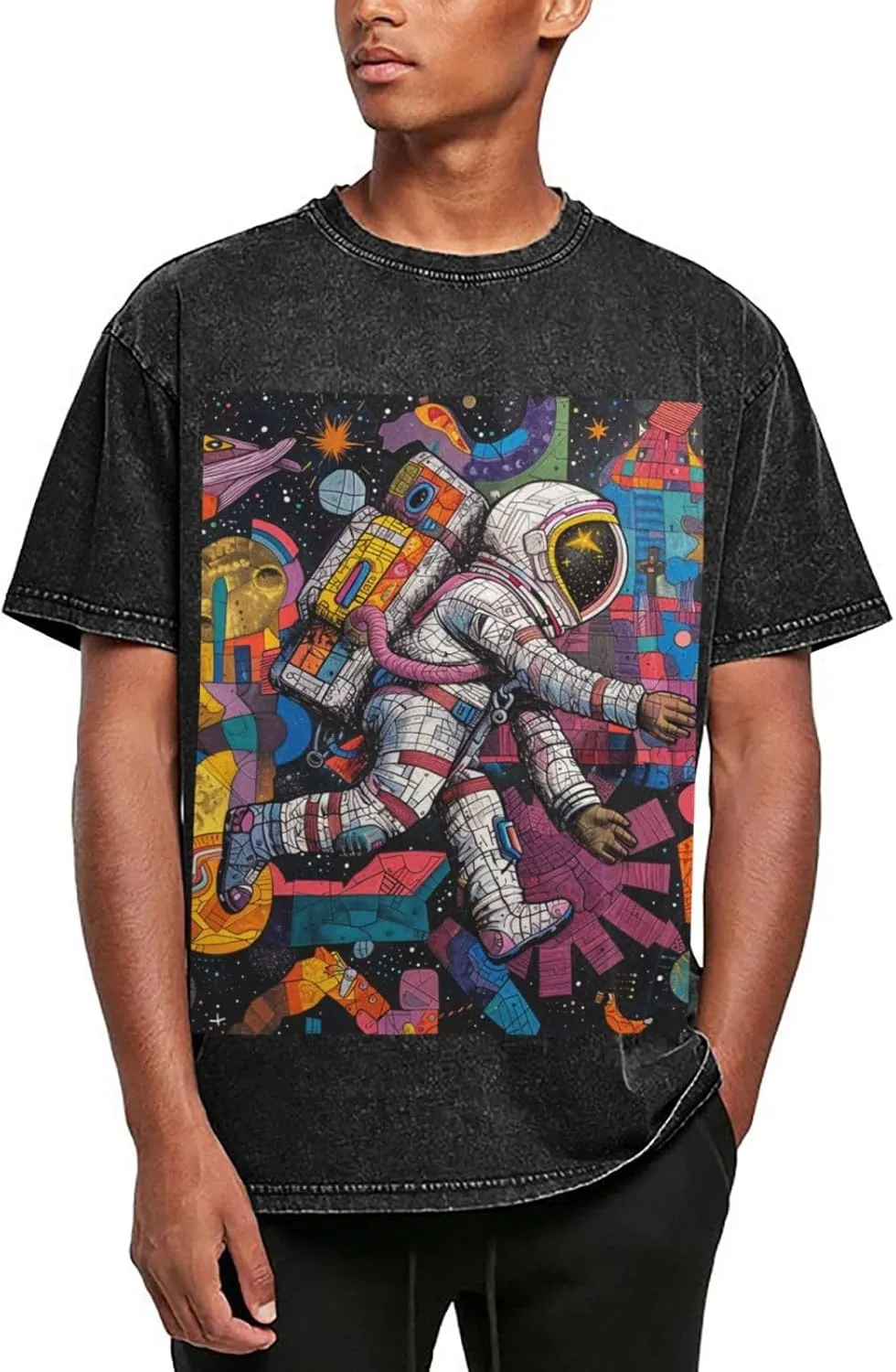 Men's Cotton T-Shirts Astronauts and Space Short Sleeve Vintage T Shirts Casual Loose Fit Retro Tees Tops