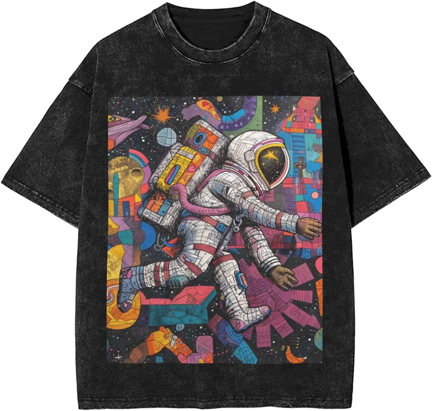 Men's Cotton T-Shirts Astronauts and Space Short Sleeve Vintage T Shirts Casual Loose Fit Retro Tees Tops