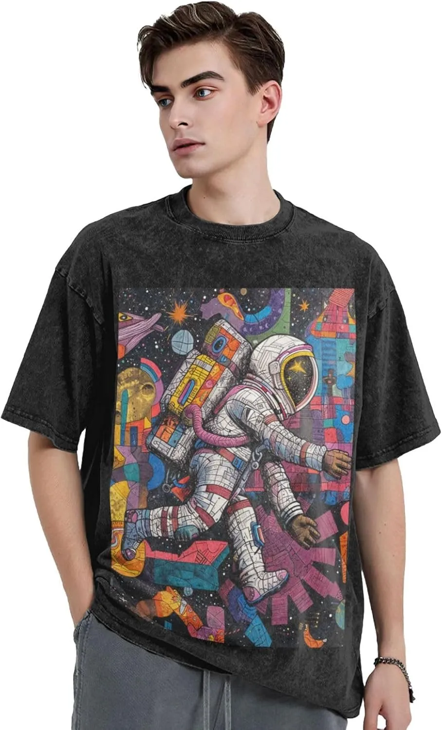 Men's Cotton T-Shirts Astronauts and Space Short Sleeve Vintage T Shirts Casual Loose Fit Retro Tees Tops