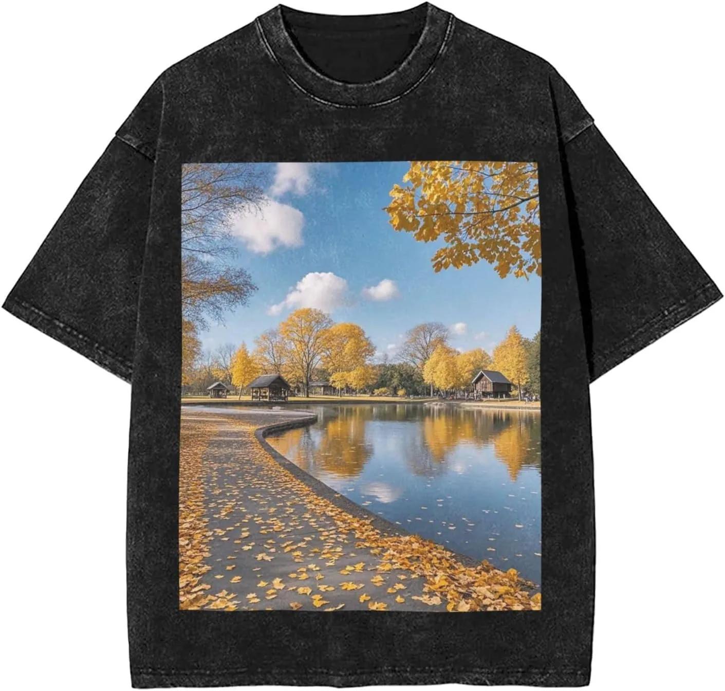Men's Cotton T-Shirts Autumn Park Short Sleeve Vintage T Shirts Casual Loose Fit Retro Tees Tops