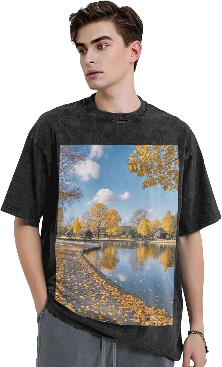 Men's Cotton T-Shirts Autumn Park Short Sleeve Vintage T Shirts Casual Loose Fit Retro Tees Tops