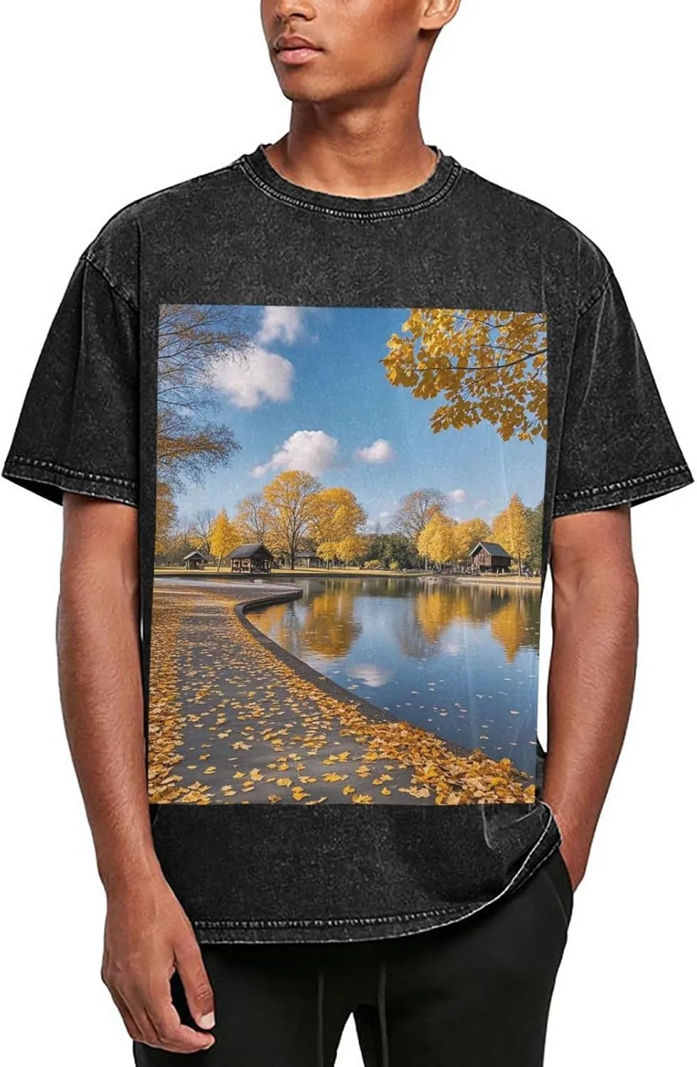 Men's Cotton T-Shirts Autumn Park Short Sleeve Vintage T Shirts Casual Loose Fit Retro Tees Tops