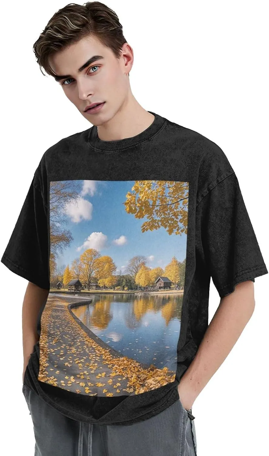 Men's Cotton T-Shirts Autumn Park Short Sleeve Vintage T Shirts Casual Loose Fit Retro Tees Tops
