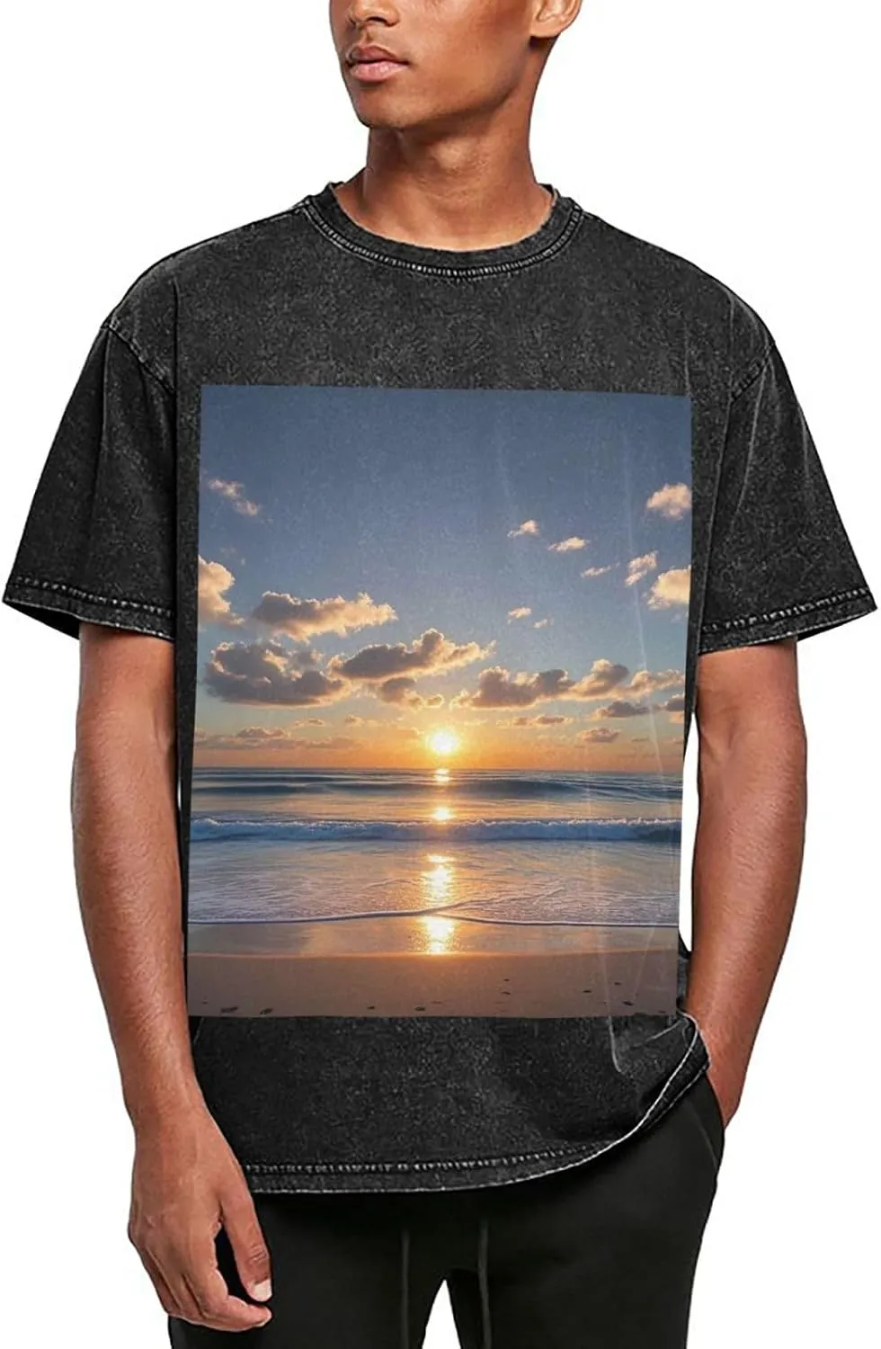 Men's Cotton T-Shirts Beach Sunrise Short Sleeve Vintage T Shirts Casual Loose Fit Retro Tees Tops