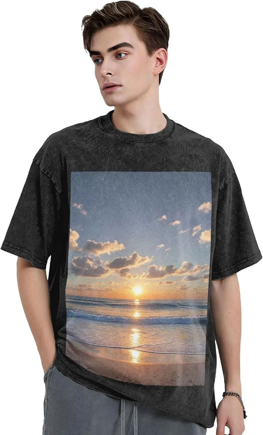 Men's Cotton T-Shirts Beach Sunrise Short Sleeve Vintage T Shirts Casual Loose Fit Retro Tees Tops