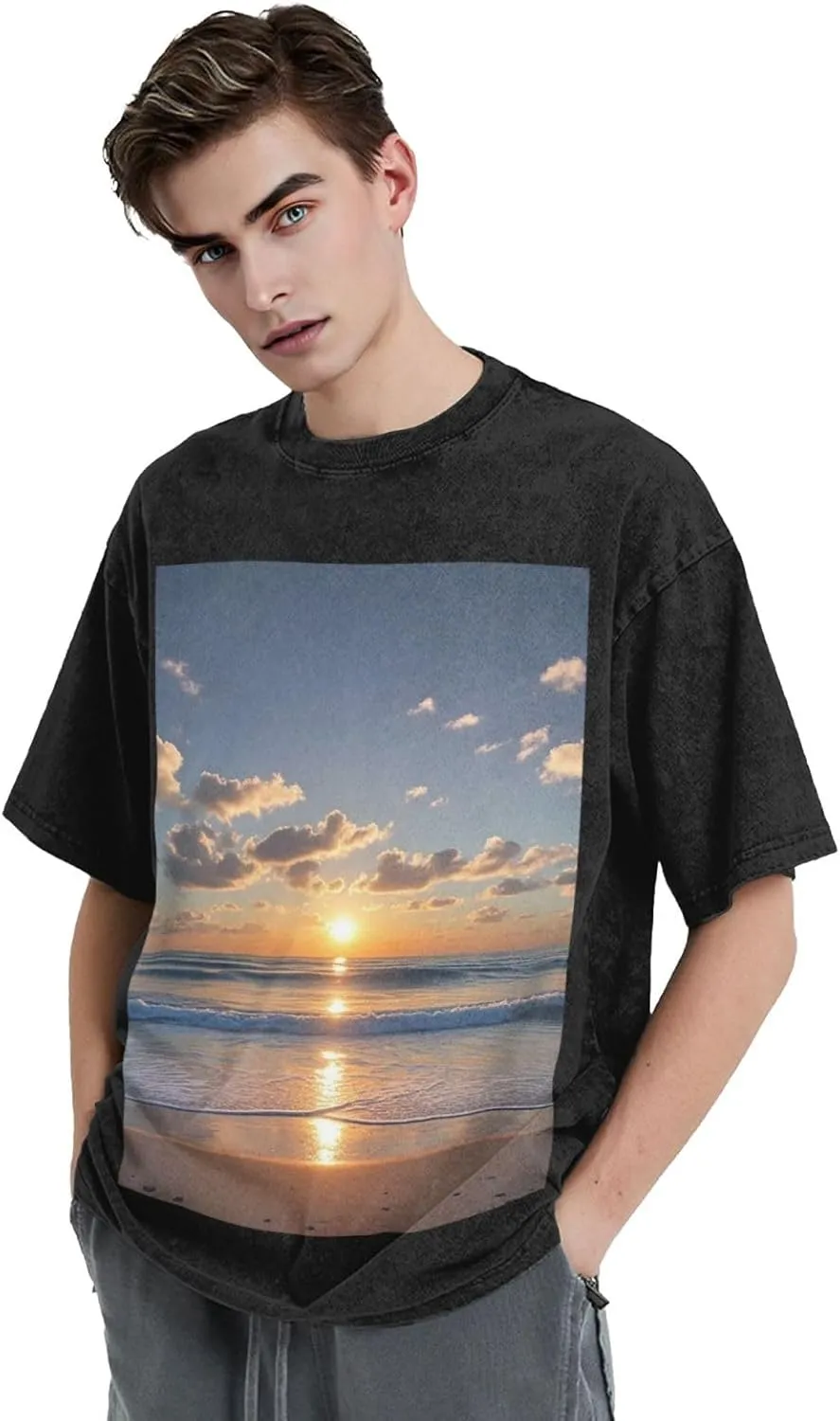 Men's Cotton T-Shirts Beach Sunrise Short Sleeve Vintage T Shirts Casual Loose Fit Retro Tees Tops