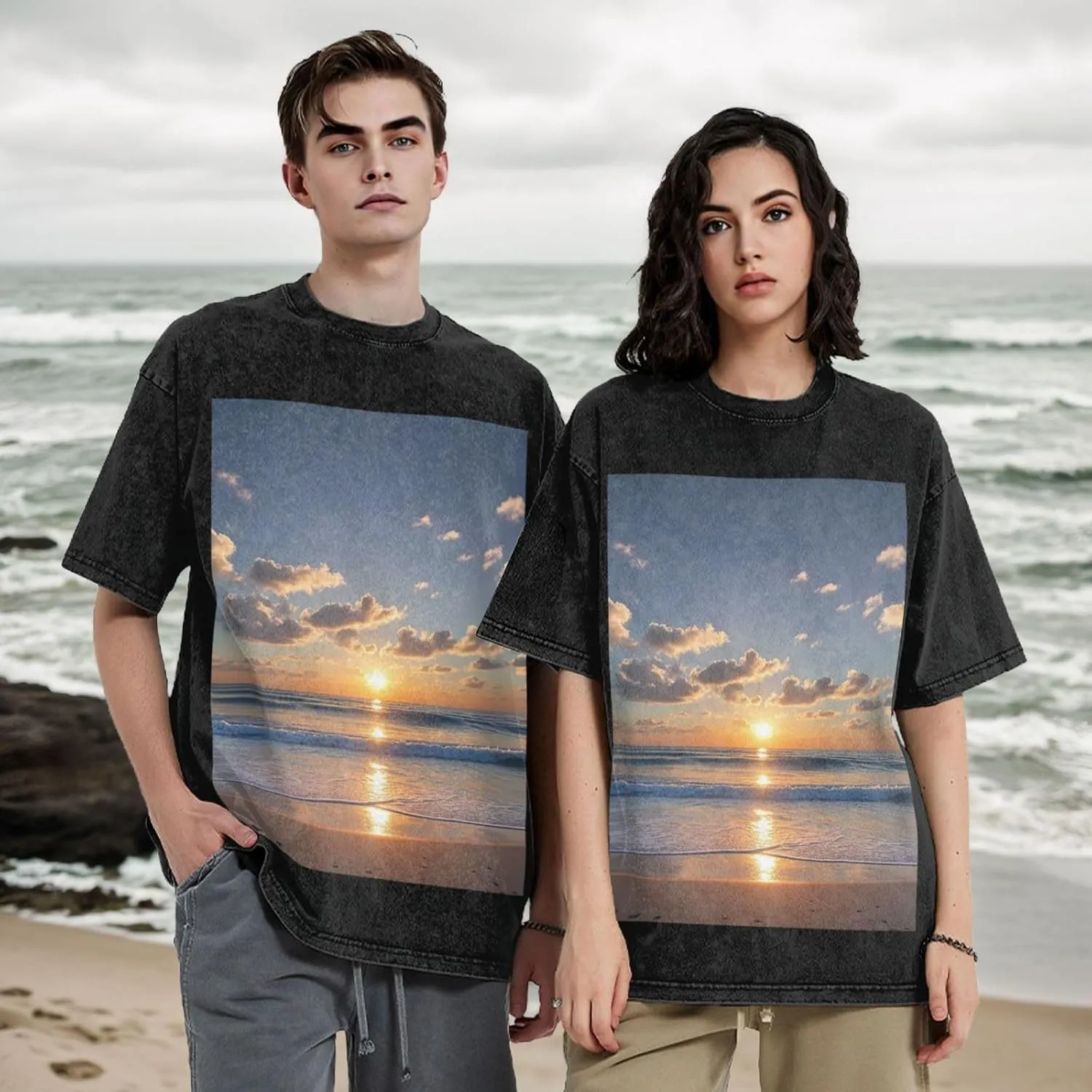 Men's Cotton T-Shirts Beach Sunrise Short Sleeve Vintage T Shirts Casual Loose Fit Retro Tees Tops