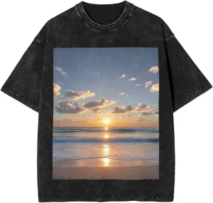 Men's Cotton T-Shirts Beach Sunrise Short Sleeve Vintage T Shirts Casual Loose Fit Retro Tees Tops