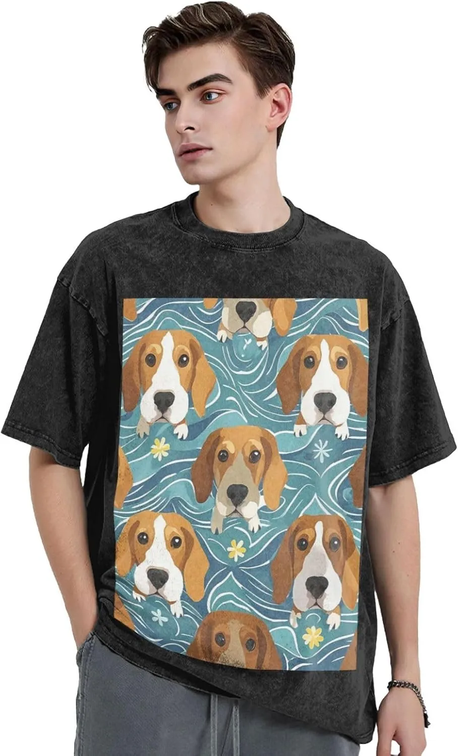 Men's Cotton T-Shirts Beagle Patterns Short Sleeve Vintage T Shirts Casual Loose Fit Retro Tees Tops