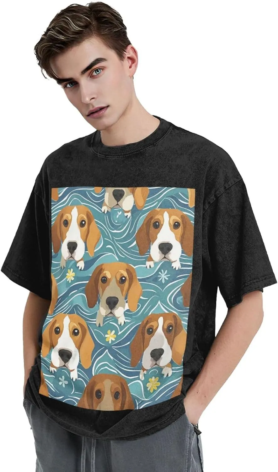Men's Cotton T-Shirts Beagle Patterns Short Sleeve Vintage T Shirts Casual Loose Fit Retro Tees Tops