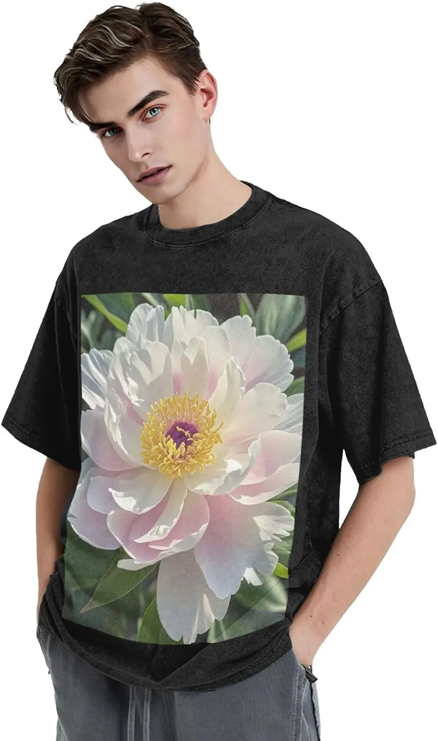Men's Cotton T-Shirts Beautiful Peony Flower Short Sleeve Vintage T Shirts Casual Loose Fit Retro Tees Tops