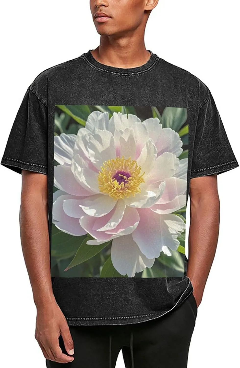 Men's Cotton T-Shirts Beautiful Peony Flower Short Sleeve Vintage T Shirts Casual Loose Fit Retro Tees Tops