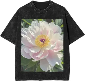 Men's Cotton T-Shirts Beautiful Peony Flower Short Sleeve Vintage T Shirts Casual Loose Fit Retro Tees Tops