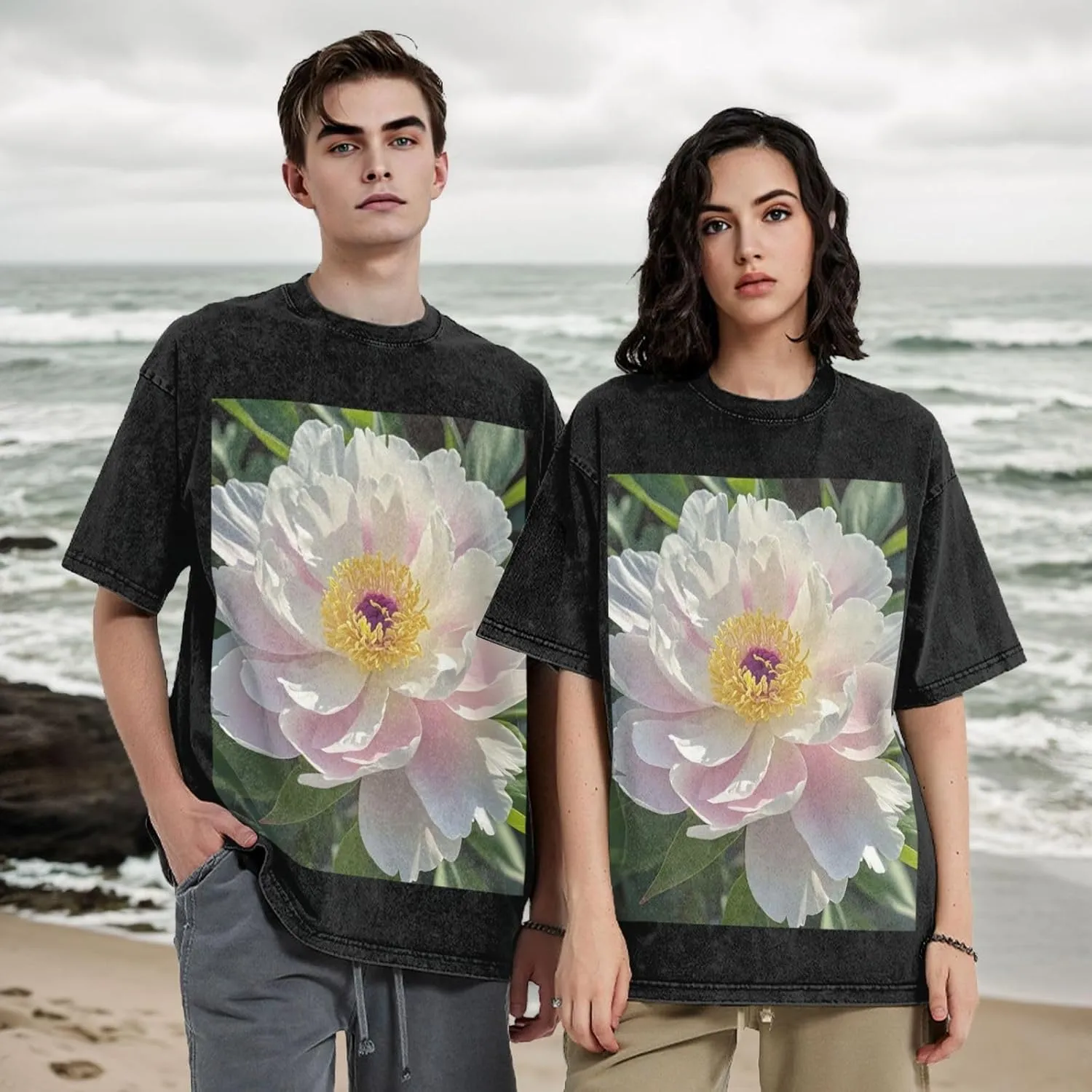 Men's Cotton T-Shirts Beautiful Peony Flower Short Sleeve Vintage T Shirts Casual Loose Fit Retro Tees Tops